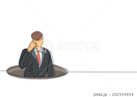 Single continuous line drawing confused businessman emerges from the hole. Depressed and business failure concept. Metaphor. Failure. Defeat. Dynamic one line draw graphic design vector illustration Single continuous line drawing confused businessman emerges from the hole. Depressed and business failure concept. Metaphor. Failure. Defeat. Dynamic one line draw graphic design vector illustration 102554914