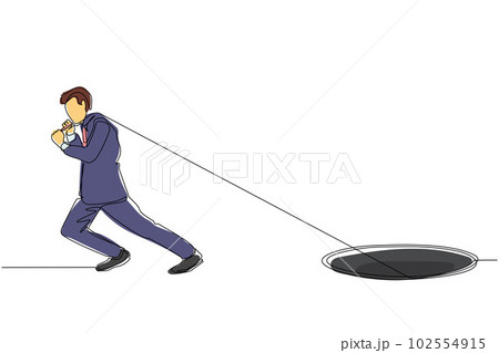 Single continuous line drawing businessman trying hard pulling rope to drag something from hole, metaphor to facing big problem. Business struggles. One line draw graphic design vector illustration Single continuous line drawing businessman trying hard pulling rope to drag something from hole, metaphor to facing big problem. Business struggles. One line draw graphic design vector illustration 102554915