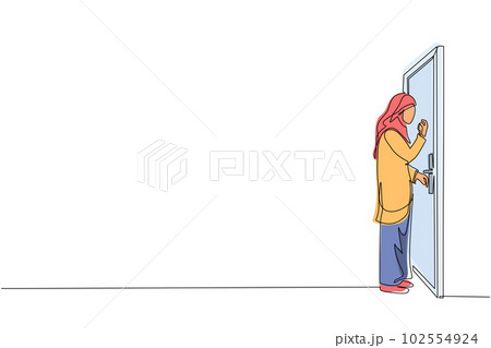 Single one line drawing Arab businesswoman knocking at door. Woman standing at entrance of room knocking door. Female in business blazer is knocking at door. Continuous line draw design graphic vector Single one line drawing Arab businesswoman knocking at door. Woman standing at entrance of room knocking door. Female in business blazer is knocking at door. Continuous line draw design graphic vector 102554924