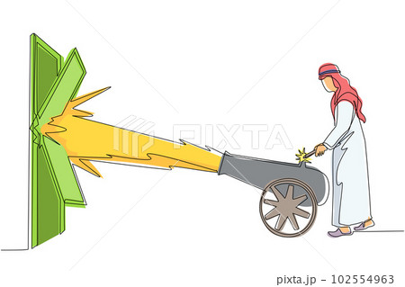 Continuous one line drawing Arab businessman ignites cannon in front of door and destroying door. Eliminating barrier of entries, destroying obstacles with brute force. Single line draw design vector 102554963