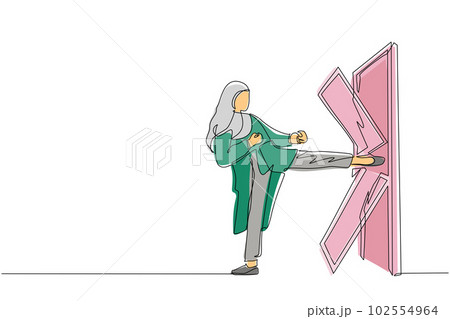 Continuous one line drawing Arabian businesswoman kicks the door until door shattered. Woman kicking locked door and destroy. Business concept of overcoming obstacles. Single line draw design vector 102554964