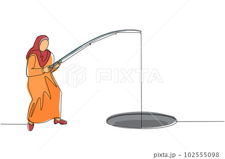 Single one line drawing Arabian businesswoman holding fishing rod from hole. Woman fishing with rod. Business investment concept. Make money from idea. Continuous line draw design vector illustration 102555098