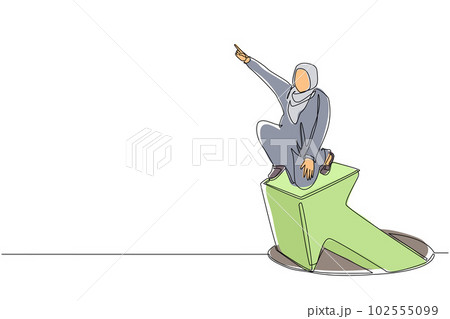 Continuous one line drawing Arabian businesswoman standing on arrows coming out of holes. Woman leading financial graph rising from hole. Business growth. Single line draw design vector illustration 102555099