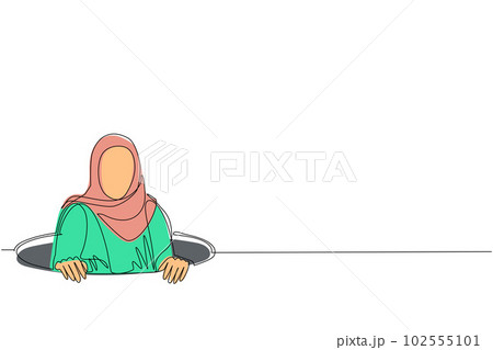 Single one line drawing Arab businesswoman emerges from hole. Concept of failure to take advantage of business opportunities. Depressed and business failure. Continuous line draw design graphic vector Single one line drawing Arab businesswoman emerges from hole. Concept of failure to take advantage of business opportunities. Depressed and business failure. Continuous line draw design graphic vector 102555101