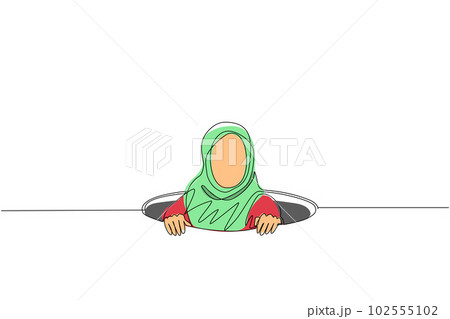 Single continuous line drawing Arabian businesswoman trying to get out of from hole, metaphor to facing big problem. Business struggles. Strength for success. One line draw design vector illustration Single continuous line drawing Arabian businesswoman trying to get out of from hole, metaphor to facing big problem. Business struggles. Strength for success. One line draw design vector illustration 102555102