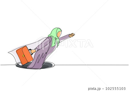 Continuous one line drawing flying Arabian businesswoman with wing and briefcase coming out of holes. Woman leading financial rising from hole. Business growth concept. Single line draw design vector 102555103