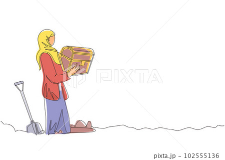 Single continuous line drawing Arab woman hunter seeker hold chest find treasure in ground. Excited businesswoman with gem artefact. Treasure gold hunting. Dynamic one line draw graphic design vector 102555136