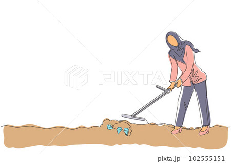 Single continuous line drawing Arab businesswoman with metal detector looking for pile of diamond. Woman treasure hunter with metal detector finding precious stone. One line draw graphic design vector Single continuous line drawing Arab businesswoman with metal detector looking for pile of diamond. Woman treasure hunter with metal detector finding precious stone. One line draw graphic design vector 102555151