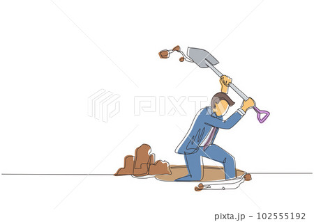 Single continuous line drawing businessman digging in dirt using shovel. Man in suit dig ground with spade. Treasure digging, growth wealth concept lucky rich man. One line draw graphic design vector Single continuous line drawing businessman digging in dirt using shovel. Man in suit dig ground with spade. Treasure digging, growth wealth concept lucky rich man. One line draw graphic design vector 102555192