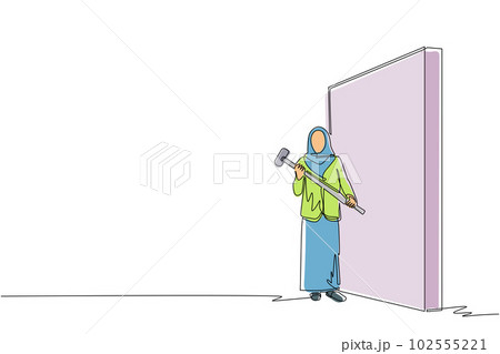 Single continuous line drawing Arab businesswoman standing and holding big hammer while facing wall. Goal achievement, business strategy. Successful overcoming of problems. One line draw design vector Single continuous line drawing Arab businesswoman standing and holding big hammer while facing wall. Goal achievement, business strategy. Successful overcoming of problems. One line draw design vector 102555221