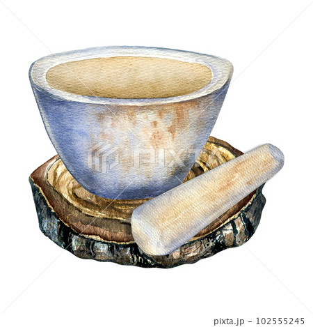Stone mortar and pestle on wooden stand watercolor illustration isolated on white. Bowl, kitchen utensil for herbal and spice hand drawn. Design element for label, package, herbal collection Stone mortar and pestle on wooden stand watercolor illustration isolated on white. Bowl, kitchen utensil for herbal and spice hand drawn. Design element for label, package, herbal collection 102555245
