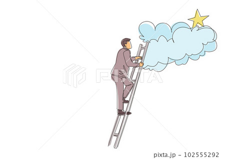 Single continuous line drawing businessman climbing ladder to reach out for the stars. Businessman climbing to goal. Motivation to be success, winner, finish, win. One line draw graphic design vector 102555292