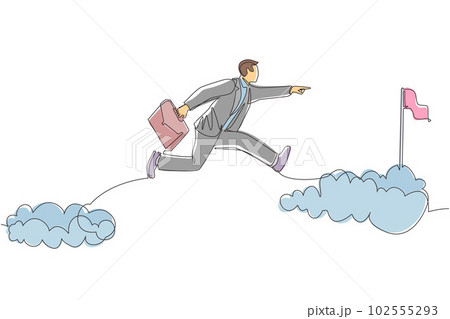 Single continuous line drawing fearless brave businessman make risk by jump over clouds to reach his success target or flag. Challenge of his career. One line draw graphic design vector illustration Single continuous line drawing fearless brave businessman make risk by jump over clouds to reach his success target or flag. Challenge of his career. One line draw graphic design vector illustration 102555293