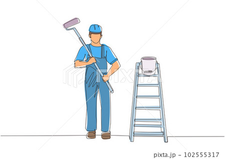 Continuous one line drawing painter man in overalls with a painting roller, with bucket and ladder. Room painter. Handyman. Construction worker. Single line draw design vector graphic illustration Continuous one line drawing painter man in overalls with a painting roller, with bucket and ladder. Room painter. Handyman. Construction worker. Single line draw design vector graphic illustration 102555317