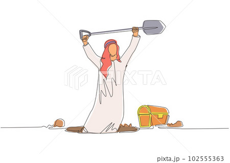 Single one line drawing Arabian businessman in hole prancing happily while lifting shovel with both hands and finding treasure chest. Lucky rich man. Continuous line design graphic vector illustration Single one line drawing Arabian businessman in hole prancing happily while lifting shovel with both hands and finding treasure chest. Lucky rich man. Continuous line design graphic vector illustration 102555363