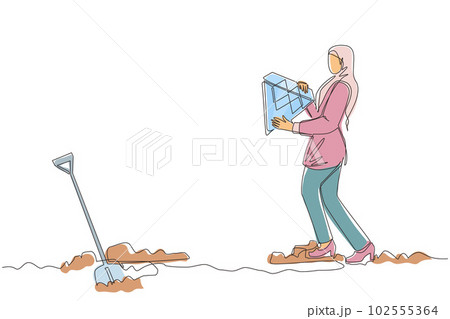 Single continuous line drawing Arab businesswoman walking and holding big diamond. Happy woman with precious stone. Successful business and finance concept. Dynamic one line draw graphic design vector Single continuous line drawing Arab businesswoman walking and holding big diamond. Happy woman with precious stone. Successful business and finance concept. Dynamic one line draw graphic design vector 102555364