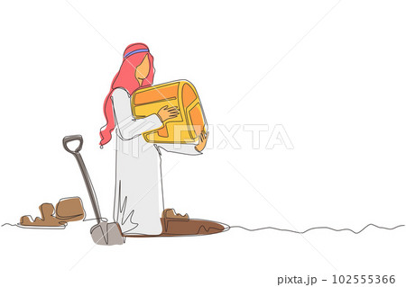 Single continuous line drawing happy man hunter seeker hold chest find treasure in ground. Excited Arabian businessman with gem artefact. Treasure gold hunting. One line draw graphic design vector Single continuous line drawing happy man hunter seeker hold chest find treasure in ground. Excited Arabian businessman with gem artefact. Treasure gold hunting. One line draw graphic design vector 102555366
