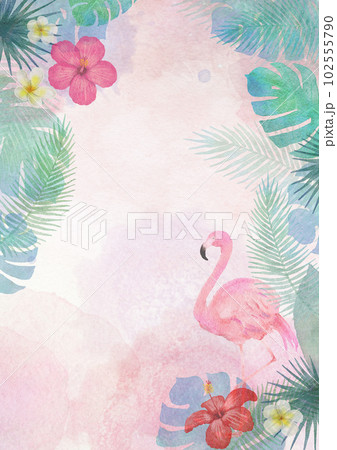 ハイビスカス等のトロピカルな草花の水彩画イラスト背景 102555790