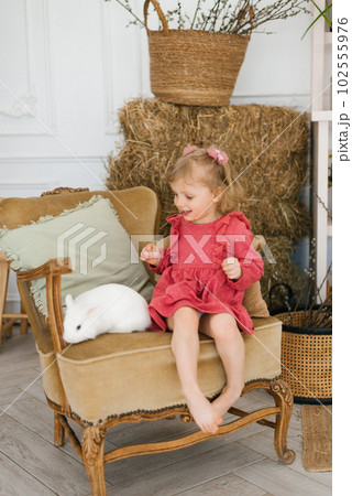Three-year-old girl in a dress barefoot sits on a chair with a white rabbit in the living room decorated for Easter 102555976