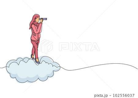 Single continuous line drawing Arab businesswoman riding high cloud holding telescope or binocular to search for business visionary. Leadership vision company strategy. One line graphic design vector Single continuous line drawing Arab businesswoman riding high cloud holding telescope or binocular to search for business visionary. Leadership vision company strategy. One line graphic design vector 102556037