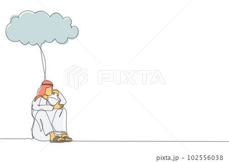 Single continuous line drawing Arabian businessman feeling sad, depression sitting under rain and cloud. Unhappy depressed loneliness sad worker in stress with problem. One line graphic design vector Single continuous line drawing Arabian businessman feeling sad, depression sitting under rain and cloud. Unhappy depressed loneliness sad worker in stress with problem. One line graphic design vector 102556038