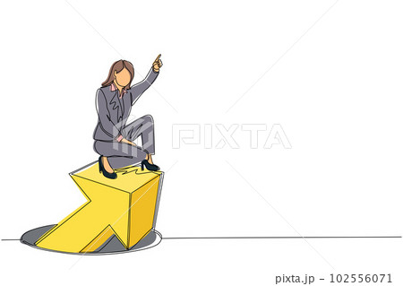Single one line drawing businesswoman standing on arrows coming out of holes. Woman leading financial graph rising from hole. Business growth concept. Modern continuous line draw design graphic vector Single one line drawing businesswoman standing on arrows coming out of holes. Woman leading financial graph rising from hole. Business growth concept. Modern continuous line draw design graphic vector 102556071