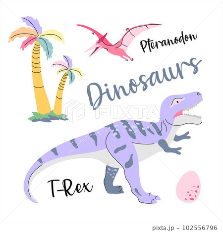 Cute dinosaur drawn as vector on white for kids fashion. Palm and volcano. T-Rex. Pteranodon. 102556796