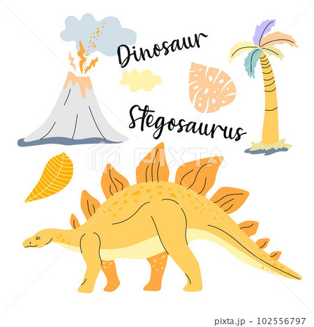 Cute dinosaur drawn as vector on white for kids fashion. Palm and volcano. Stegosaurus. 102556797