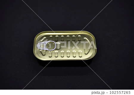 Tin can on a black background. An iron can of canned food. Tin can on a black background. An iron can of canned food. 102557265