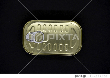 Tin can on a black background. An iron can of canned food. Tin can on a black background. An iron can of canned food. 102557268