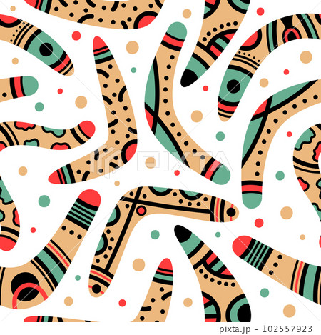 Aboriginal wooden boomerangs seamless pattern. Traditional australian boomerang, doodle native hunting weapon cartoon isolated vector illustration 102557923