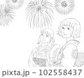 浴衣を着ている2人の女性が花火を見ている線画 102558437