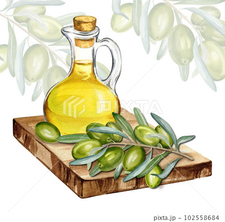 watercolor olive oil in glass bottle with branch of green olives with leaves and fruits on cutting board, hand drawn illustration isolated on white background watercolor olive oil in glass bottle with branch of green olives with leaves and fruits on cutting board, hand drawn illustration isolated on white background 102558684