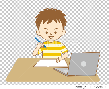 A boy doing remote learning at a computer with a pencil 102559807