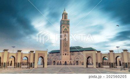Casablanca, Morocco -April 2023: The Hassan II Mosque, built on the Atlantic Ocean. Impressive architecture and intricate details showcase the country's rich cultural heritage and religious devotion. Casablanca, Morocco -April 2023: The Hassan II Mosque, built on the Atlantic Ocean. Impressive architecture and intricate details showcase the country's rich cultural heritage and religious devotion. 102560205