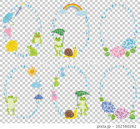 6月　梅雨　カエルや紫陽花　イラスト素材　縦長丸フレームセット 102560262