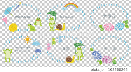 June rainy season frog and hydrangea illustration material horizontal round frame set 102560263
