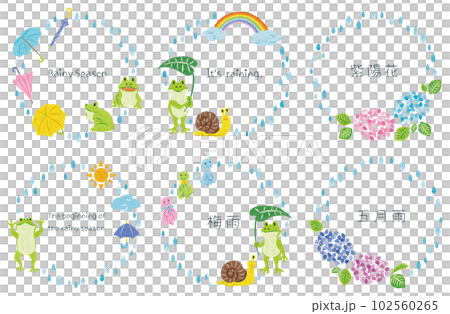 6月　梅雨　カエルや紫陽花　イラスト素材　丸フレームセット 102560265