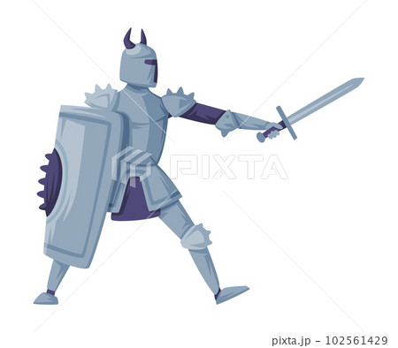 Medieval armored knight in horned helmet fighting with sword and shield vector illustration 102561429