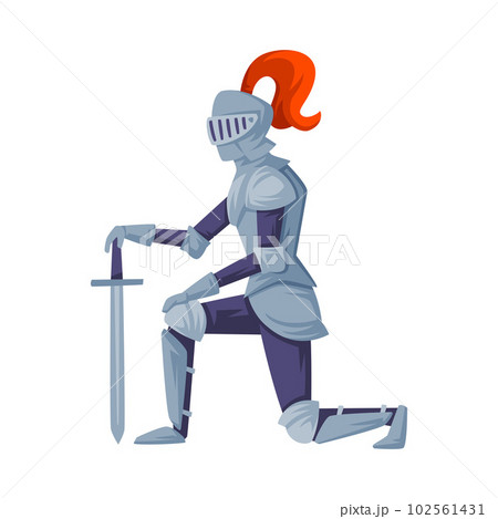 Medieval armored honoring knight. Warrior with sword standing on his knee vector illustration 102561431