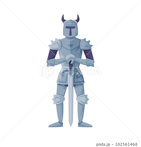 Medieval knight in full armour and horned helmet standing with sword vector illustration 102561468