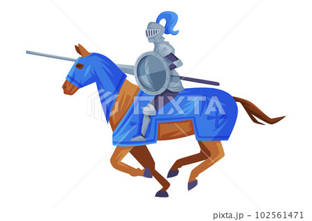 Medieval armored knight on horseback holding sword in his hands preparing to strike in joust vector illustration 102561471