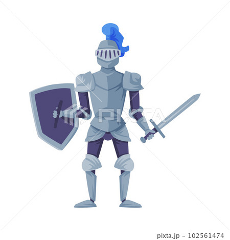 Medieval knight in full armour standing with shield and sword, front view vector illustration 102561474
