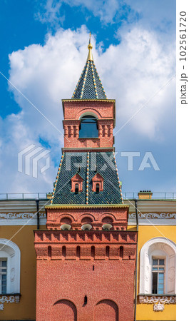 Nabatnaya tower, one corner of Kremlin wall near Red Square in Moscow, Russia, under blue sky in summer season 102561720