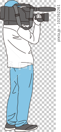 A camera crew man carrying a television camera 102562261