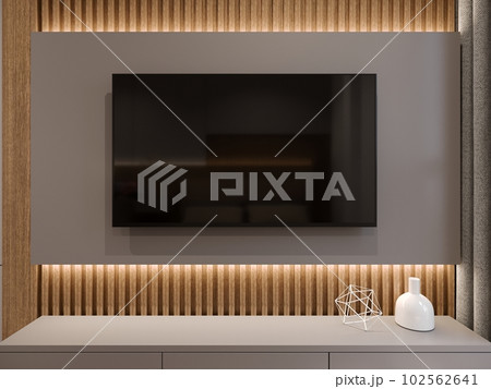 3D rendering of low cabinet with TV on grey wall 3D rendering of low cabinet with TV on grey wall 102562641