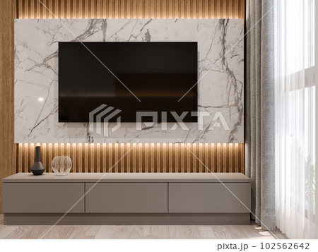 3D rendering of low cabinet with TV on white marble wall 3D rendering of low cabinet with TV on white marble wall 102562642