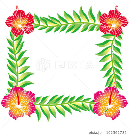 ハイビスカスとヤシの葉の正方形のオーナメント｜フレーム、飾り罫イラスト 102562783