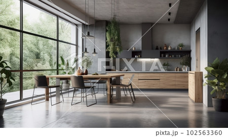 Spacious comfortable kitchen in white, gray and beige with large floor to ceiling windows. Dining table and chairs in the center. Modern kitchen style minimalism and loft. 102563360