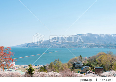 Otaru Temiya park and seascape with cherry blossoms of spring in Hokkaido, Japan 102563361